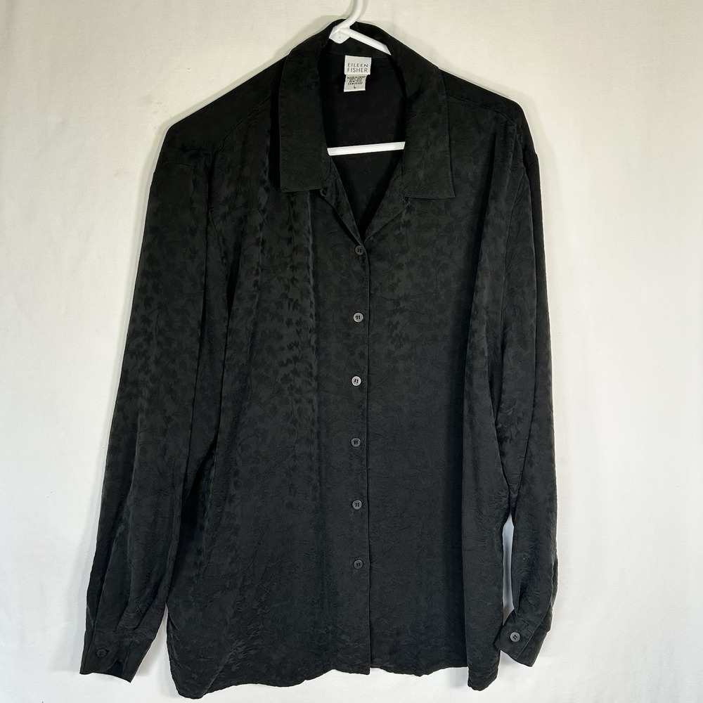 Eileen Fisher Black 100% Silk Jacquard Button Down Blouse Shirt Large Classic